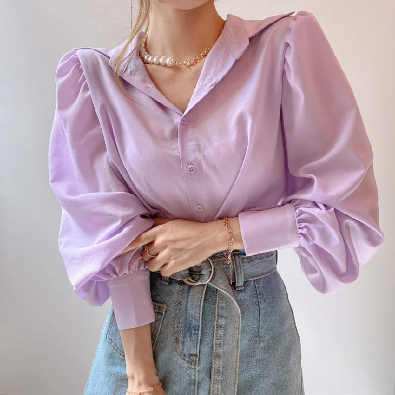 Lapel Single-Breasted Blouse With Lantern Sleeves Women Airy Cotton Blouse