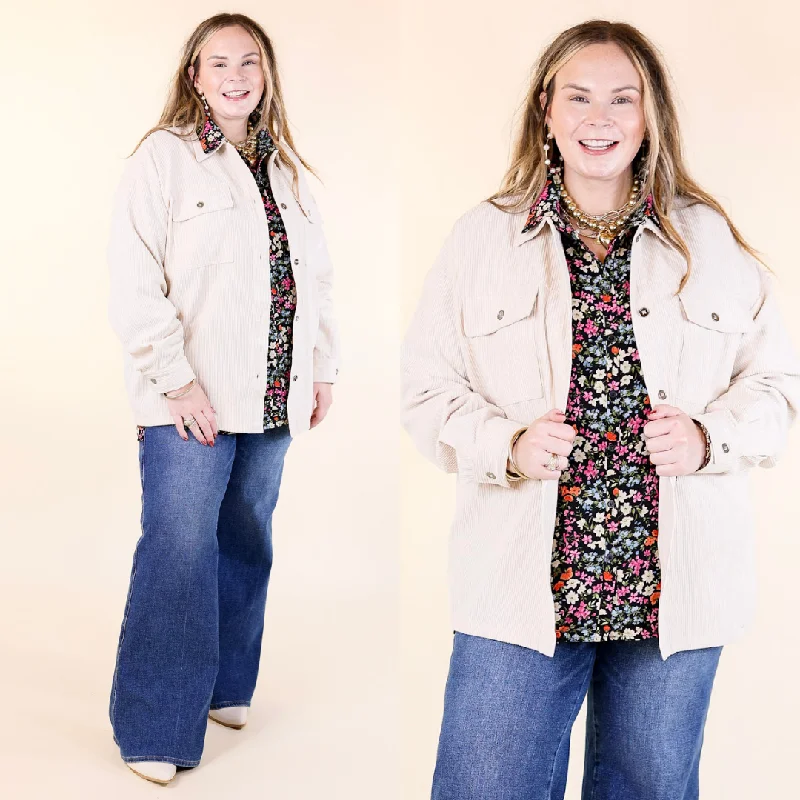 Latte Sips Button Up Corduroy Shacket in Cream Soft Modal Blouse