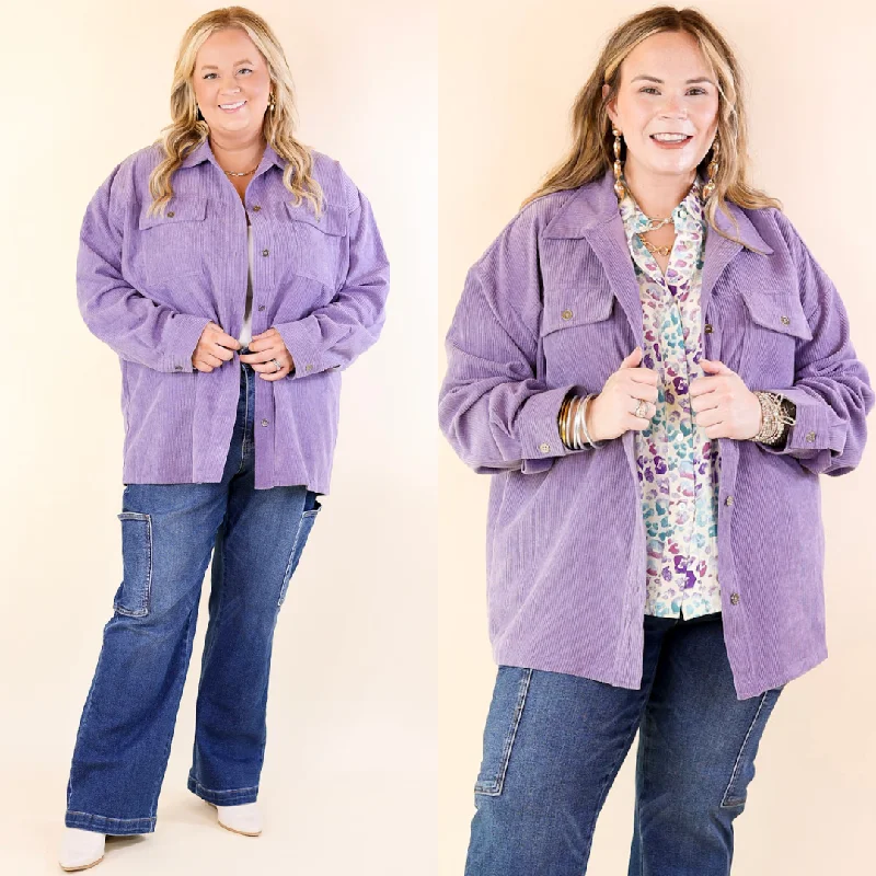Latte Sips Button Up Corduroy Shacket in Dusty Purple Oversized Silk Blouse