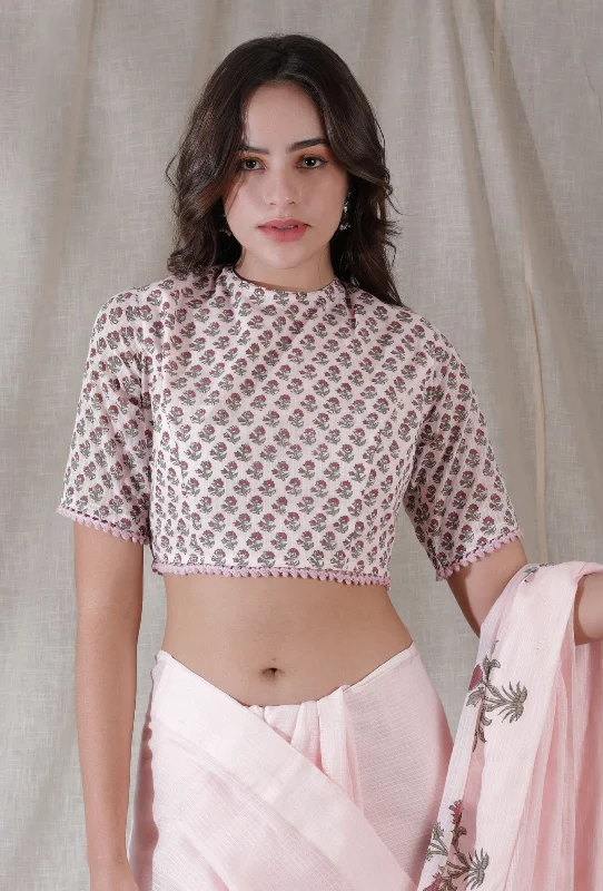 Lemonade pink color kota cotton blockprinted blouse Sheer Sleeve Blouse