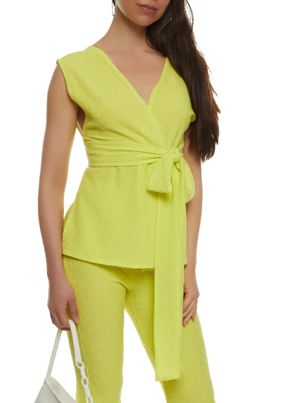 Textured Knit Tie Front Blouse Ruffled Neck Blouse