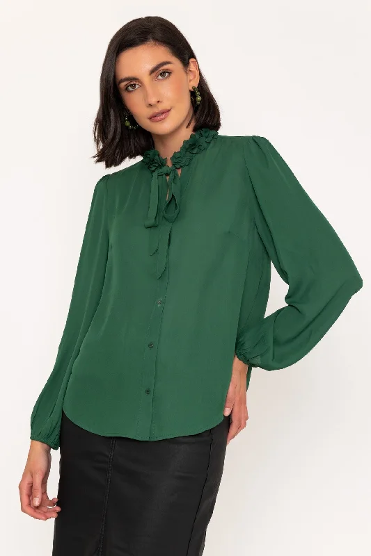 Long Sleeve Flower Ruffle Detail Blouse in Green Satin Bow Blouse