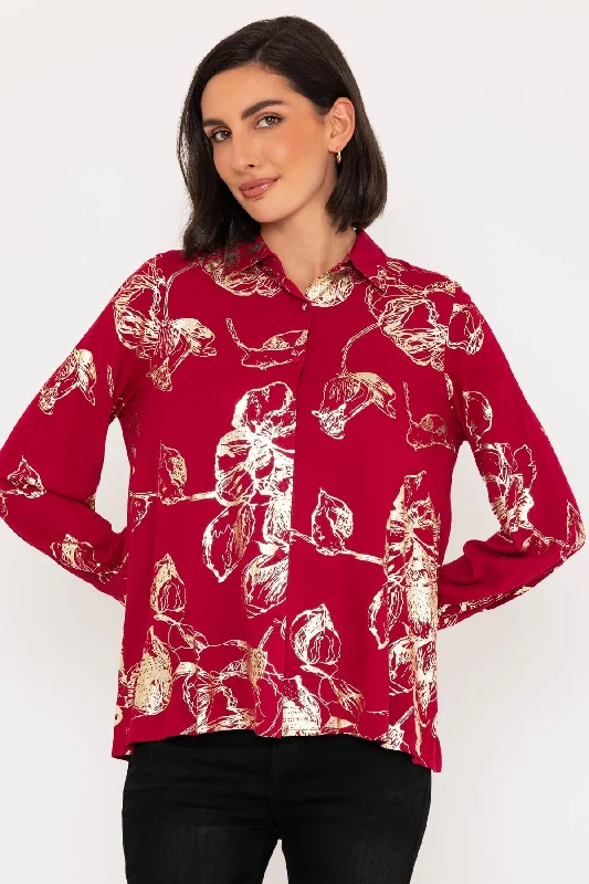 Long Sleeve Gold Foil Print Blouse in Burgundy Stretchy Fitted Blouse