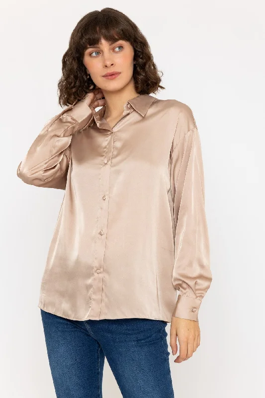 Long Sleeve Satin Oversized Blouse in Beige Elegant Embroidery Blouse