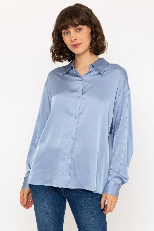 Long Sleeve Satin Oversized Blouse in Light Blue Delicate Bow Blouse