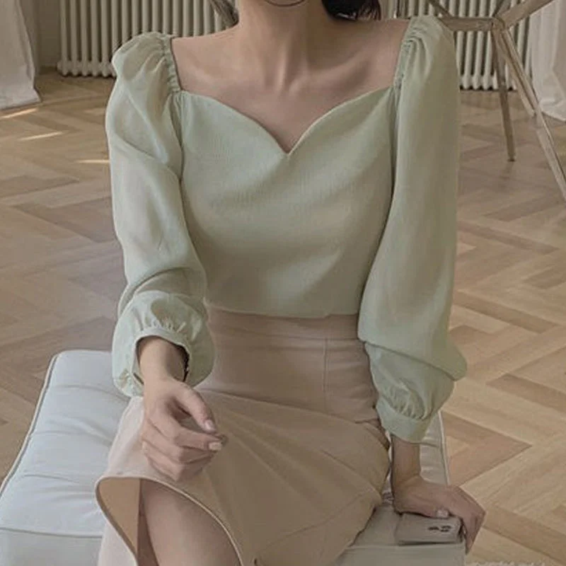 Loose Puffed Sleeve Blouse Blouse Woman Ruffled Neck Blouse