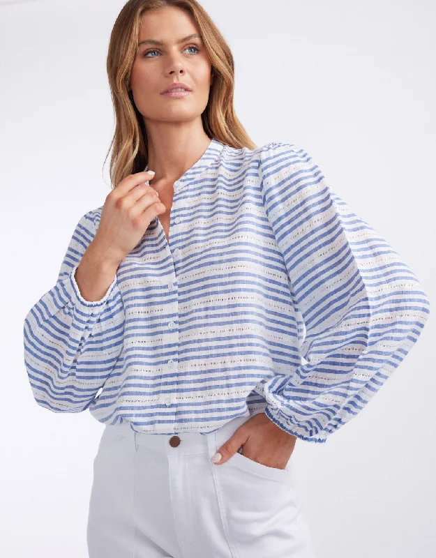 Malibu Blouse - Blue/White Stripe Satin Drape Blouse