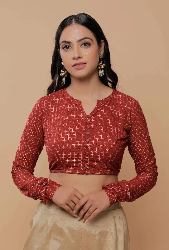 Maroon Handblock Printed Cotton  Full Sleeves Sweatheart Neck Blouse Feminine Pastel Blouse