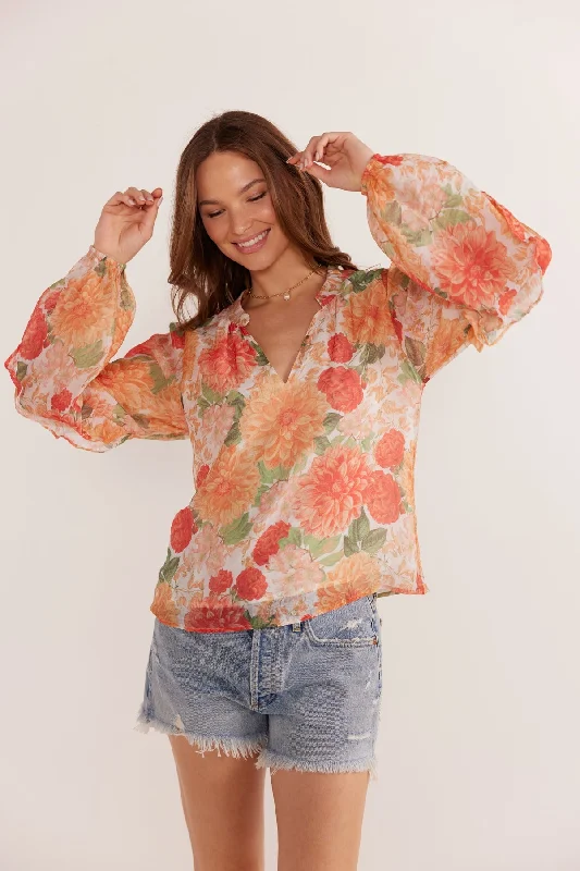 Mink Pink Aida Long Sleeve Blouse - Apricot Floral Classic Minimalist Blouse