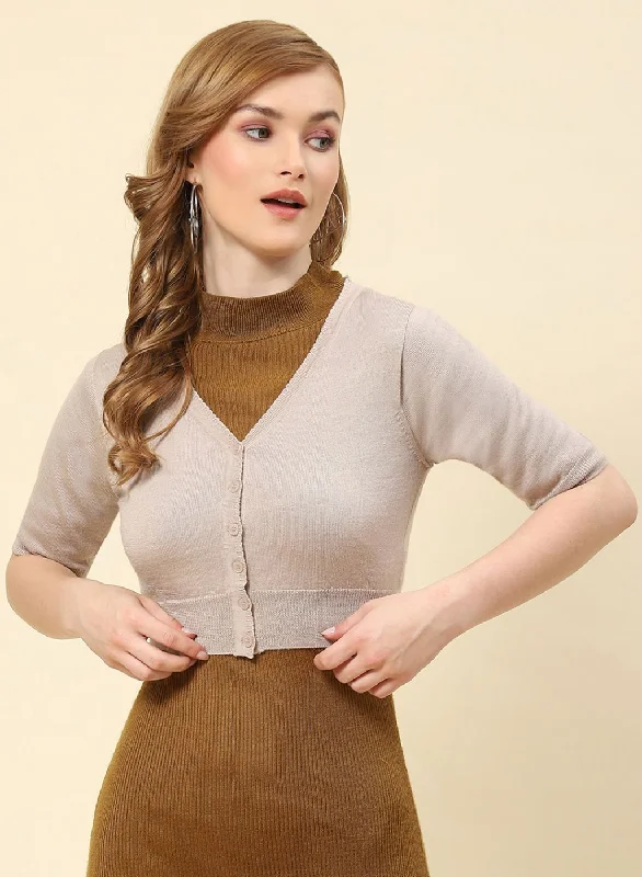 Women Beige Solid Pure wool Blouse Frilled Cuff Blouse