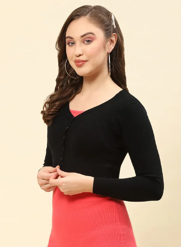 Women Black Solid Blend wool Blouse Side Tie Blouse