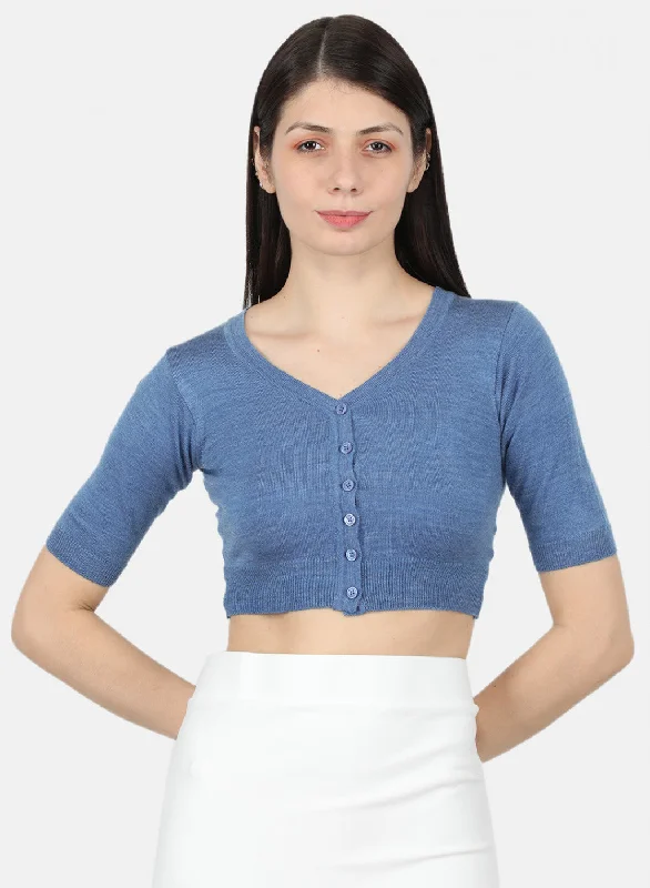 Women Blue Solid Blouse Collared Satin Blouse