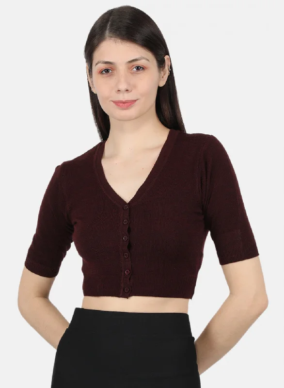 Women Burgundy Solid Blouse Casual Button Blouse