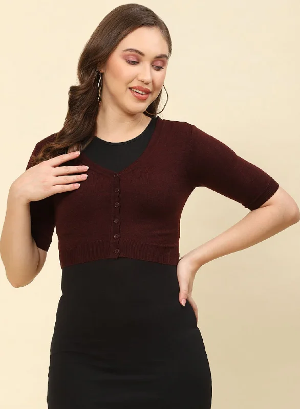 Women Maroon Solid Blend wool Blouse Semi-Sheer Blouse