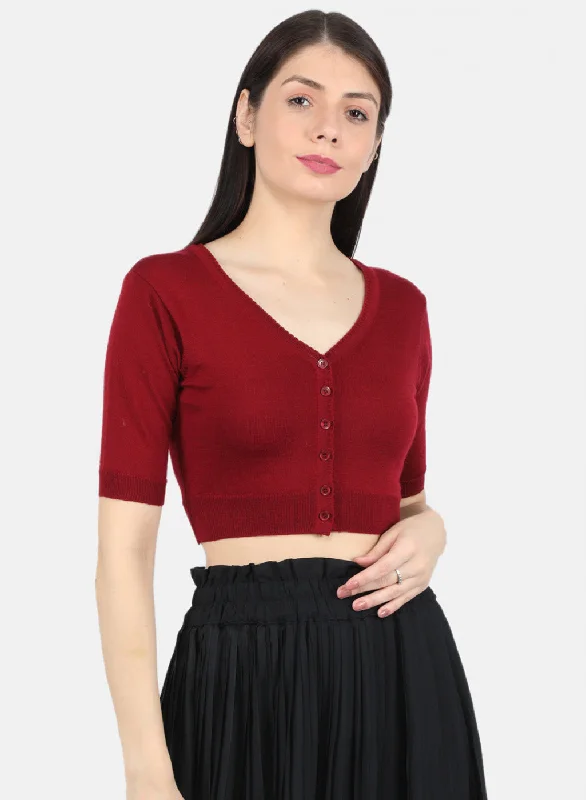 Women Maroon Solid Blouse Feminine Ruffle Blouse