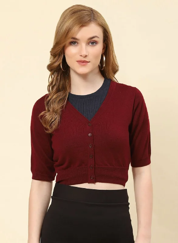 Women Maroon Solid Pure wool Blouse Chic Wrap Blouse