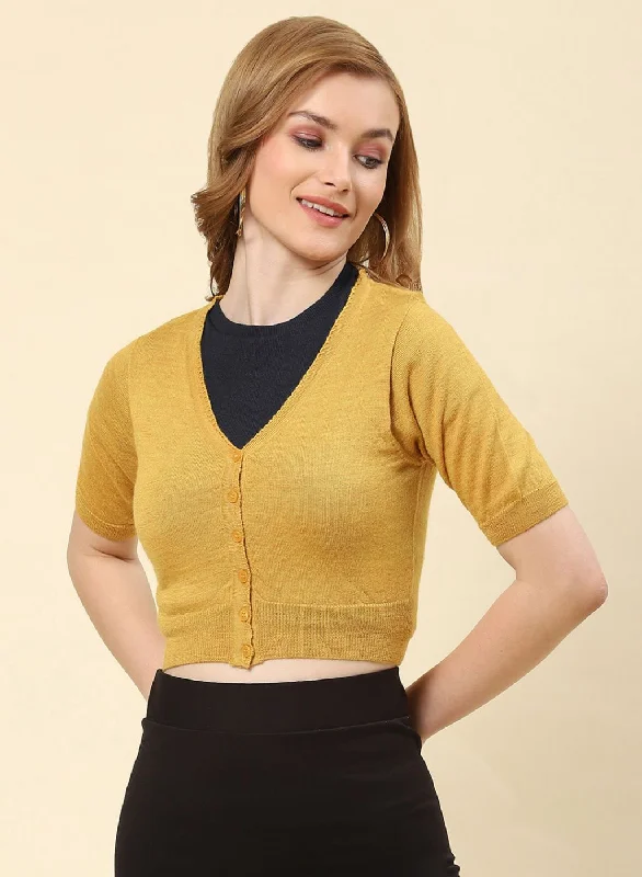 Women Mustard Solid Pure wool Blouse Satin Long Blouse