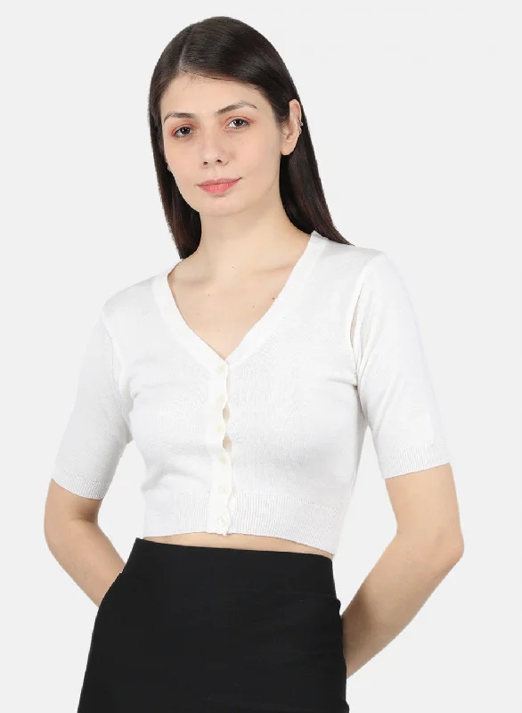 Women White Solid Blouse Elegant Semi-Sheer Blouse