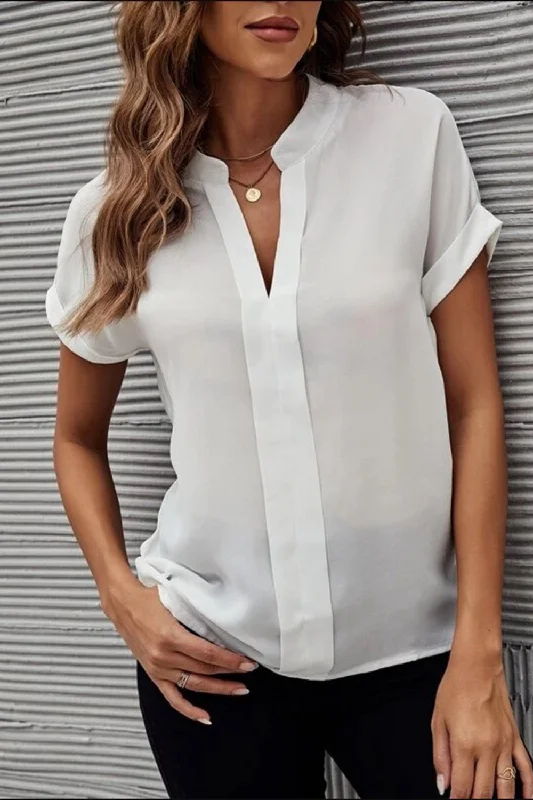 Notched Mandarin Collar Short Sleeve Blouse Everyday Stylish Blouse