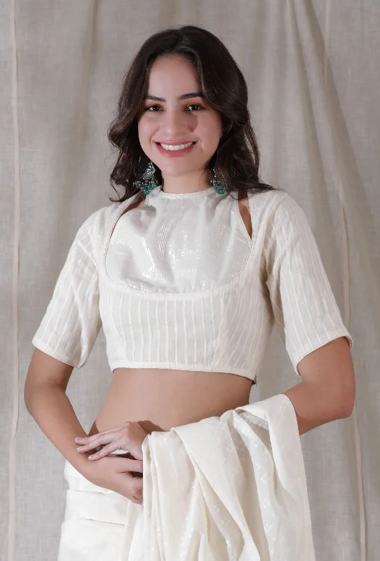 Off white shimmer stripe shoulder cut cotton blouse Elegant Office Blouse