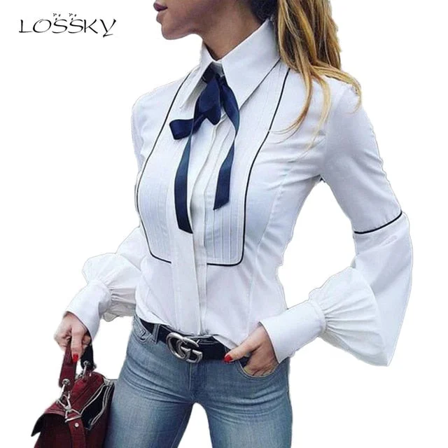 Office Bow Tie Blouse Women Lantern Sleeve Casual Tops New Spring Embroidered Cotton Blouse