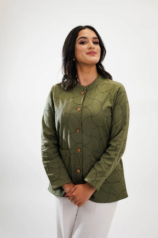 Olive Quilted Shacket Soft Satin Blouse