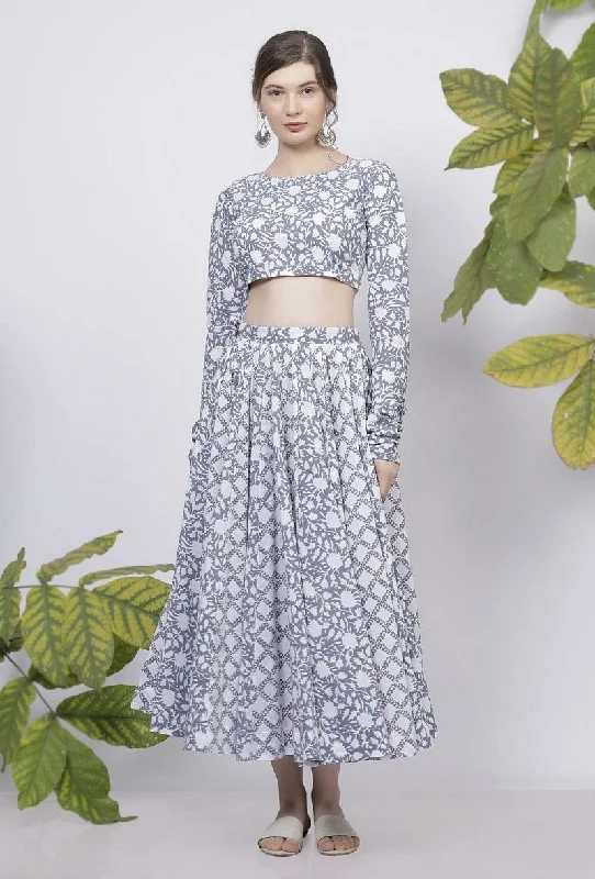 Powder Blue Full sleeves Floral Hand-Block Printed Cotton Blouse Soft Knit Blouse