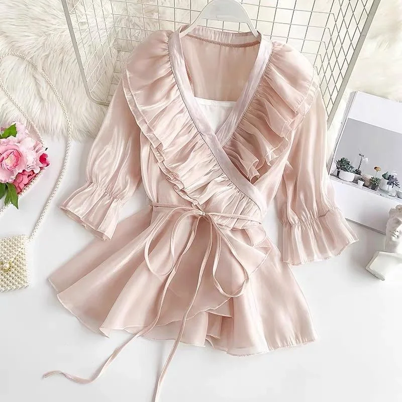 Outhouse Ruffled Blouses Airy Cotton Blouse