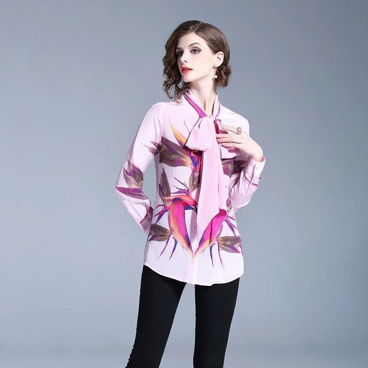 Pink Bow Tie Women Blouse Everyday Stylish Blouse