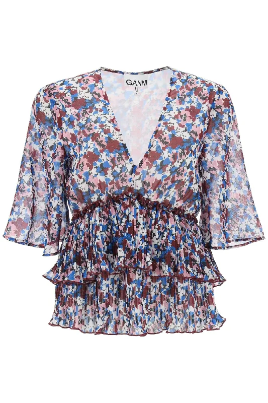 Pleated Blouse With Floral Motif Bell Sleeve Blouse
