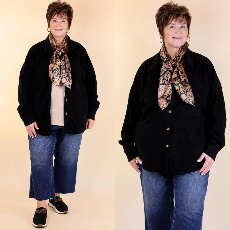 Plus Sizes | Captivating Cuteness Corduroy Button Up Shacket in Black Asymmetric Hem Blouse