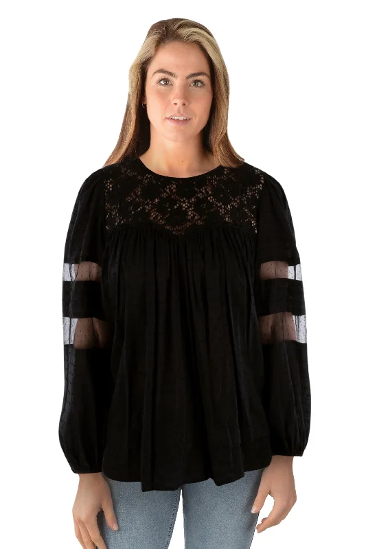 Pure Western Ladies Faye Lace Trim Blouse - Black - P3W2541705 Textured Cotton Blouse
