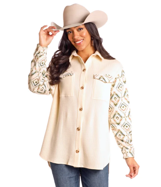 Rock and Roll Cowgirl Women's Ivory Aztec Waffle Knit Button Down Shacket BW92C04500 Drape Neck Blouse