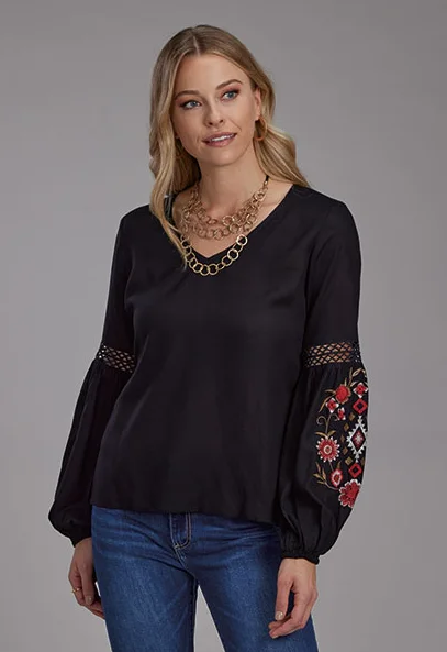 Roper Women's Black Embroidered V-Neck Long Sleeve Peasant Blouse 0565-7073 Slim Fit Blouse