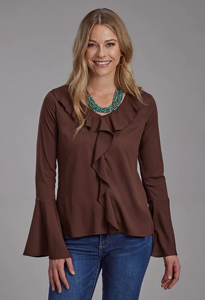 Roper Women's Brown V-Neck Crepe Long Sleeve Peasant Blouse 0592-7090 Classic Minimalist Blouse