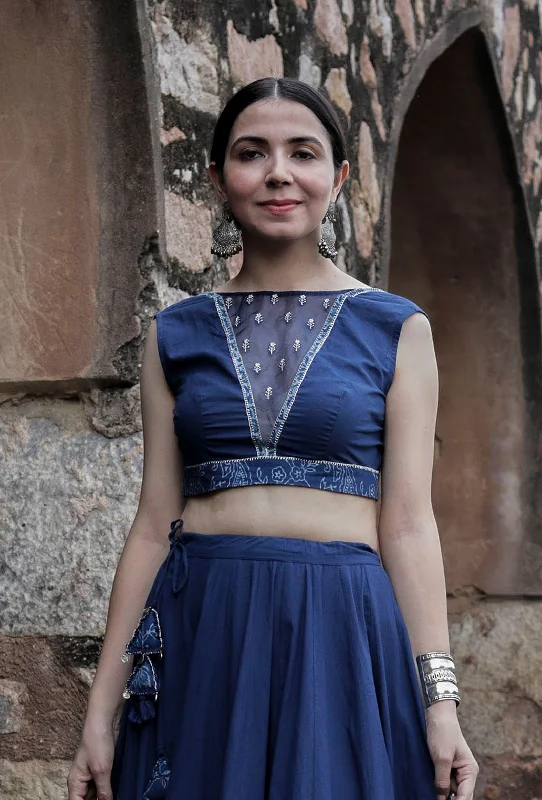 Roshni Indigo Blue Organza & Print Patched Zari Embroidered blouse Soft Pastel Blouse
