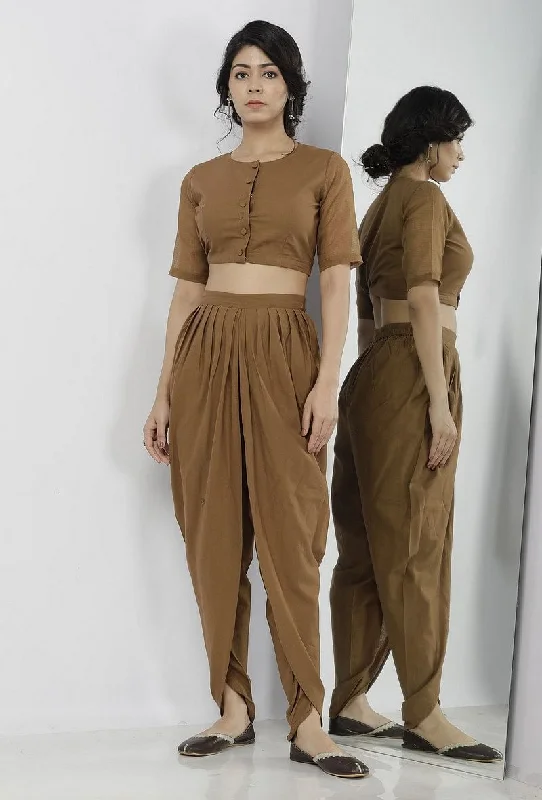 Set of 2: Kanak Plain Beige Cotton Blouse with Beige Cotton Dhoti Off-Shoulder Wrap Blouse