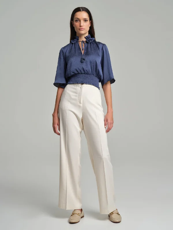 Short frilled blouse with smocked waistband Bell Sleeve Blouse