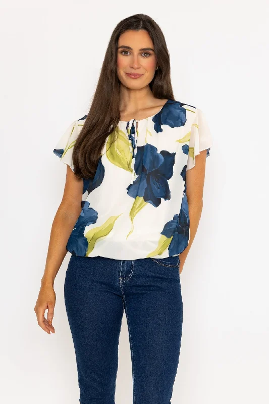 Short Sleeve Navy Printed Blouse With Tie Neck Loose Oversized Blouse