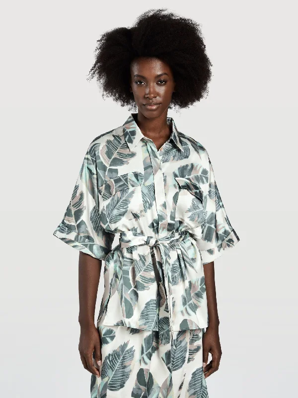 Short Sleeve Printed Blouse Satin Long Blouse