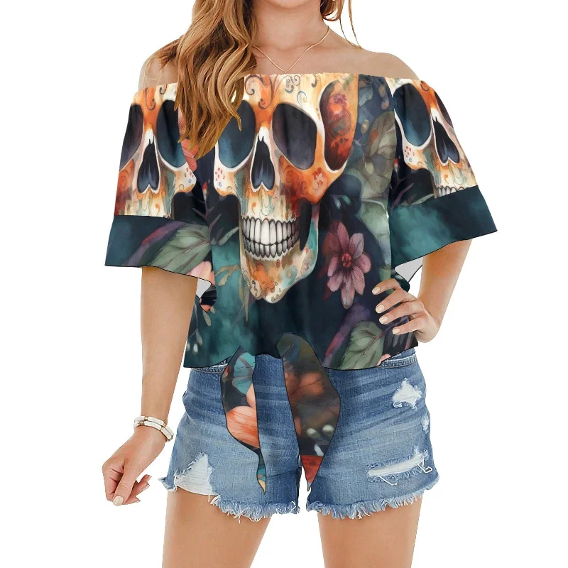 Skull Off Shoulder Knot Front Blouse Sleeveless Summer Blouse