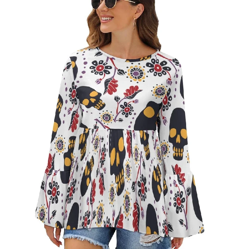 Skulls Brown Floral Long Sleeve Loose Women's Blouse Sweetheart Neck Blouse