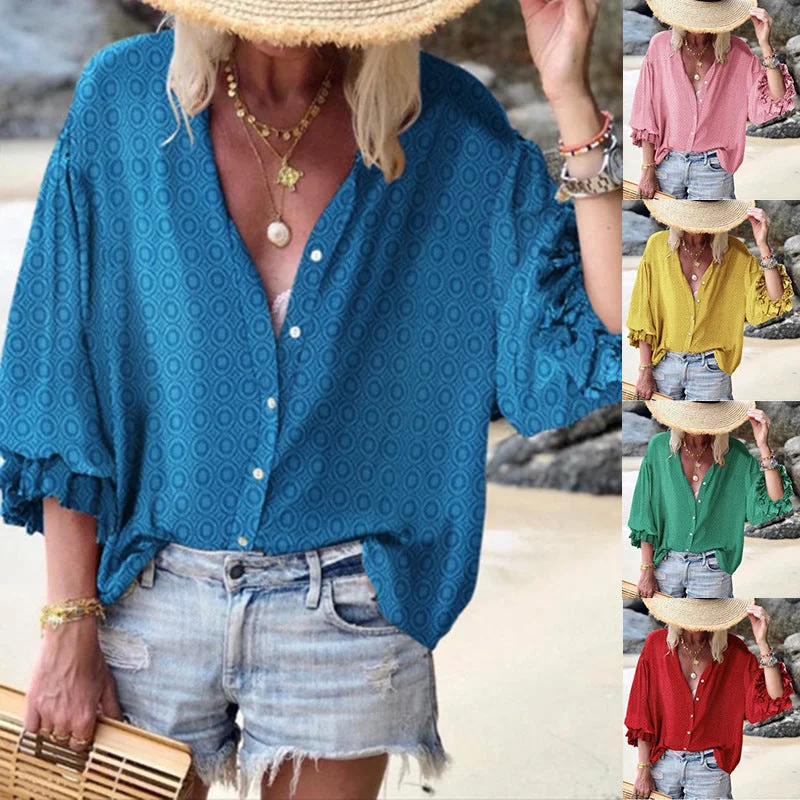 Small dot casual button down blouse for women Boho Chic Blouse