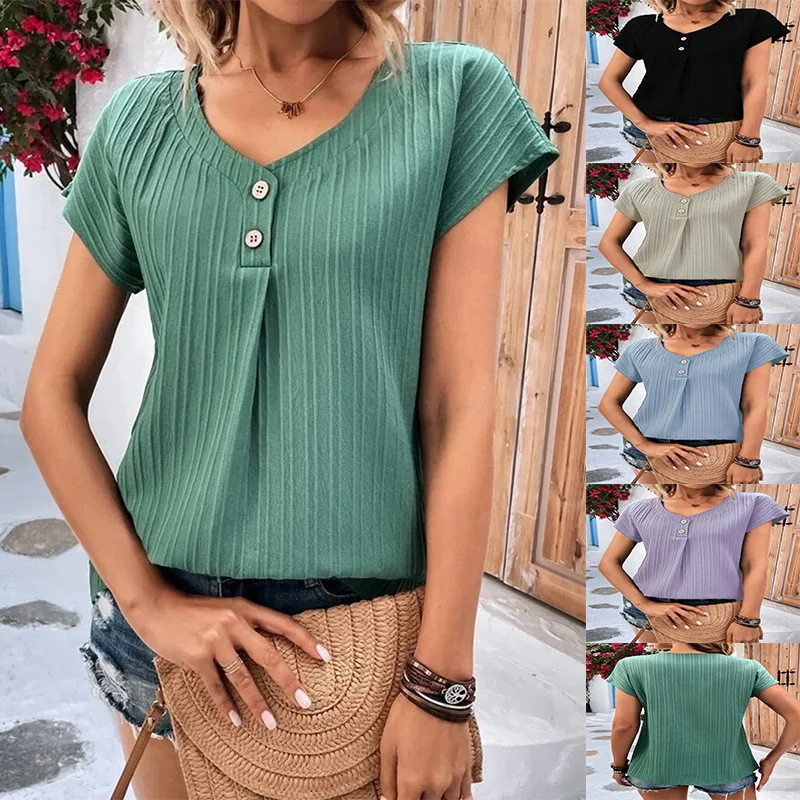 Summer Women Casual Solid Color Buttoned Fashion Short-Sleeved Blouse Chic Off-Shoulder Blouse