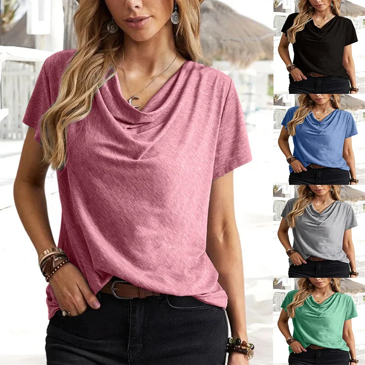 Summer Women Casual Solid Color Fashion Short-Sleeved Blouse Pleated Collar Blouse