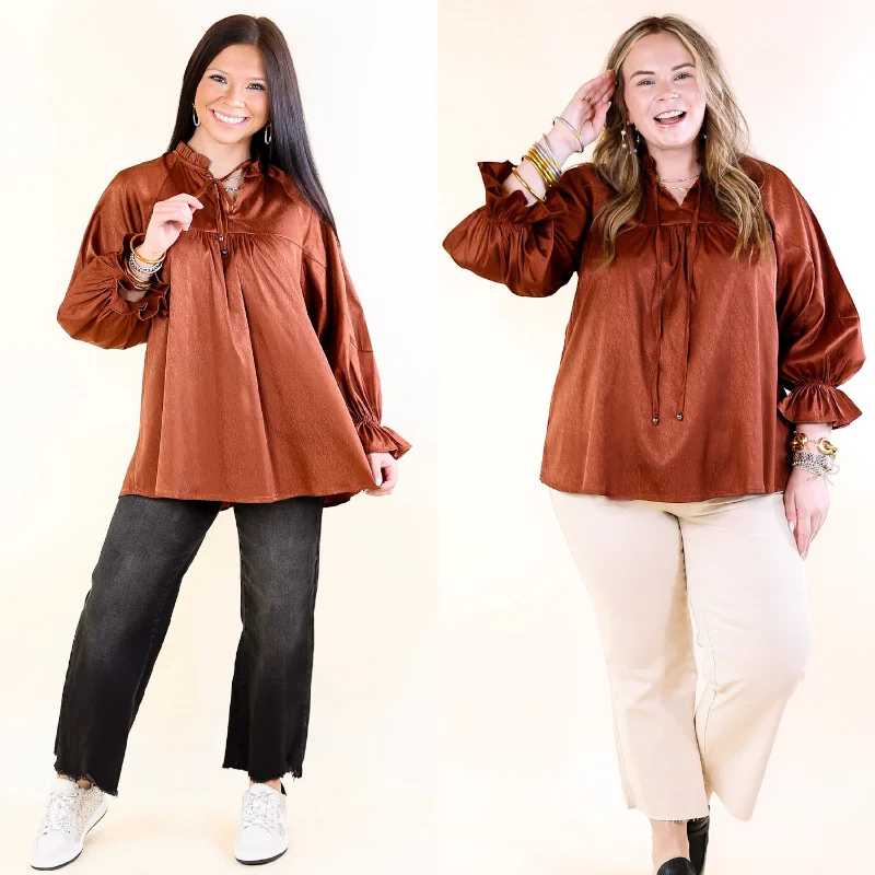 Sunset Situation Front Tie Keyhole Blouse in Rust Orange Delicate Pleat Blouse