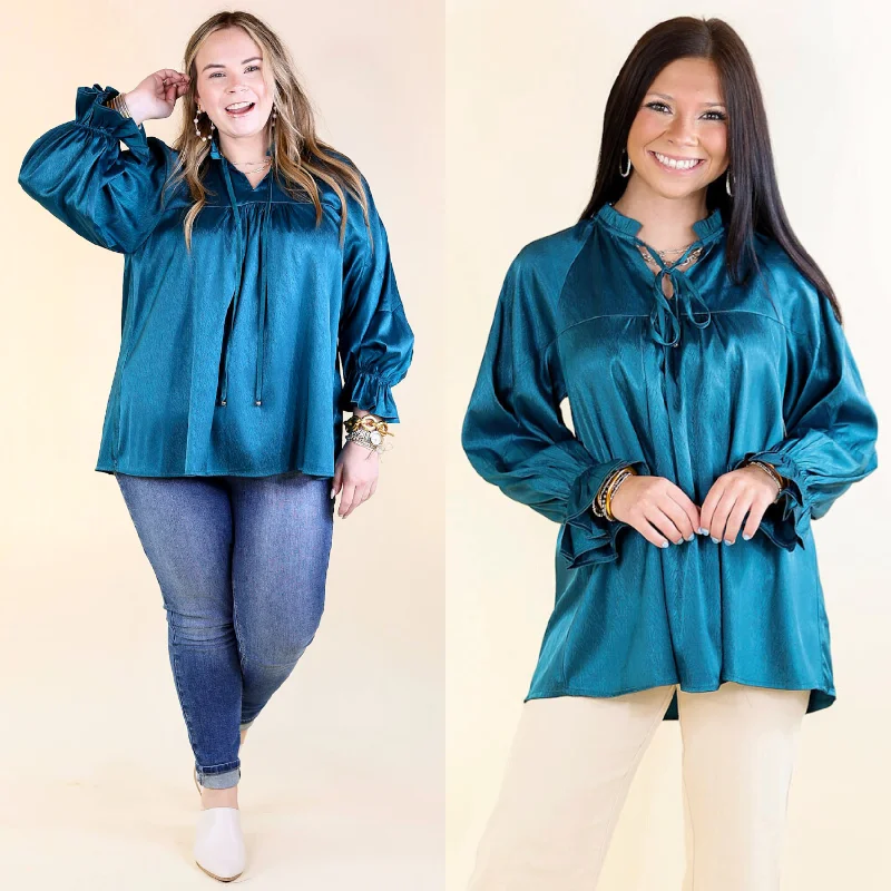 Sunset Situation Front Tie Keyhole Blouse in Teal Blue Sweetheart Neck Blouse