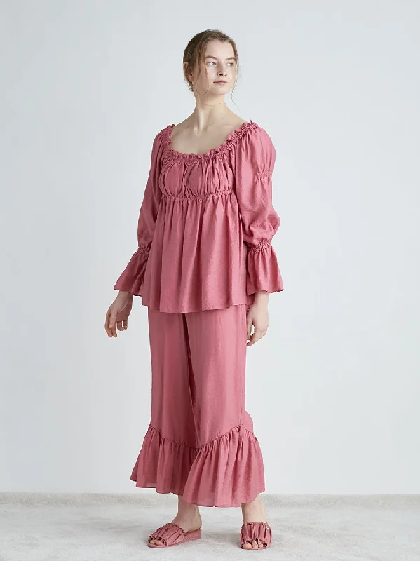 Tulip Frilled Hem Women's Smocked Blouse Peter Pan Collar Blouse