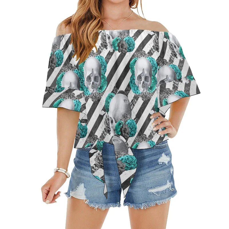 Turquoise Skull Off Shoulder Women's Blouse Loose Fit Blouse