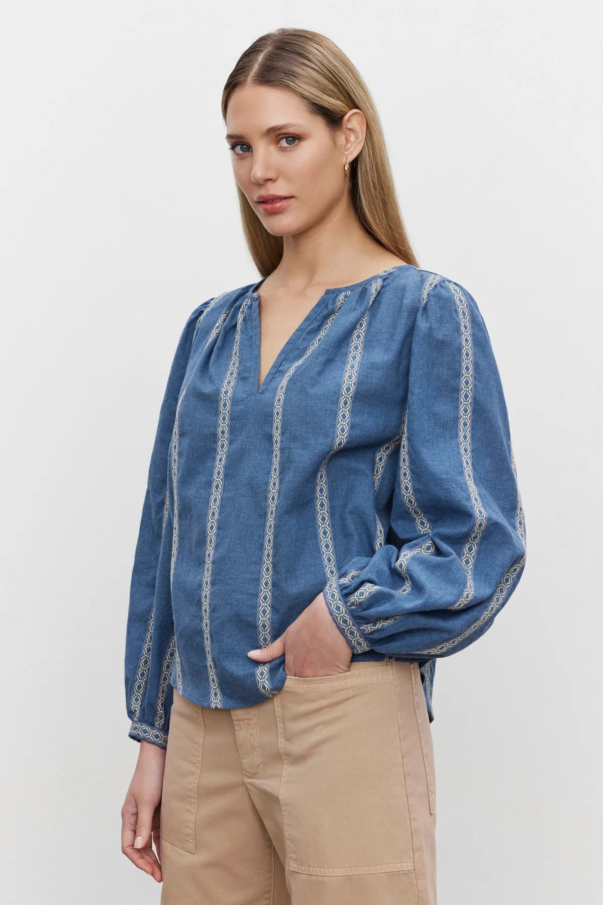 Velvet Raylee LS Jacquard Stripe Blouse Blue Collared Satin Blouse